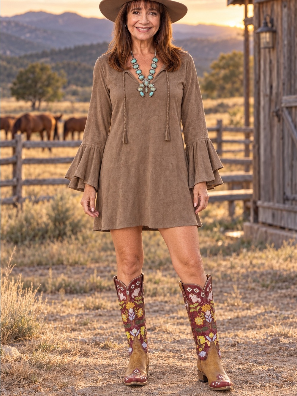 Union of Angels Suede-Like Ruffle-Sleeve Western Dress
